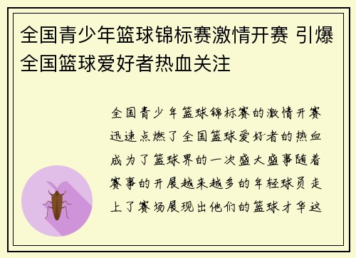 全国青少年篮球锦标赛激情开赛 引爆全国篮球爱好者热血关注 全国青少年篮球锦标赛激情开赛 引爆全国篮球爱好者热血关注