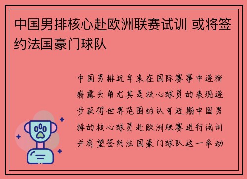 中国男排核心赴欧洲联赛试训 或将签约法国豪门球队 中国男排核心赴欧洲联赛试训 或将签约法国豪门球队