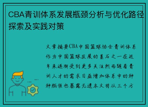 CBA青训体系发展瓶颈分析与优化路径探索及实践对策 CBA青训体系发展瓶颈分析与优化路径探索及实践对策